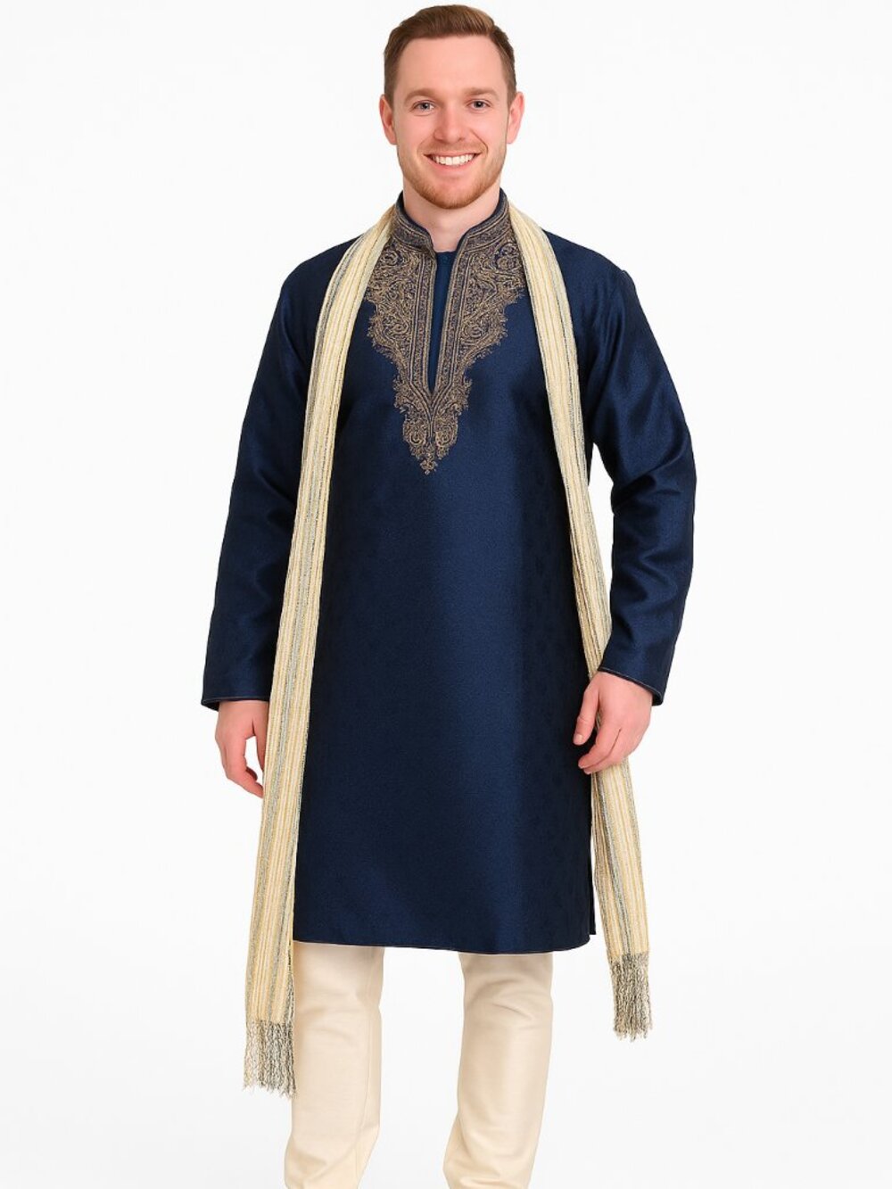 Men's Blue Kurta Pajama Set with Shawl for Weddings | Plus Sizes up to 8XL